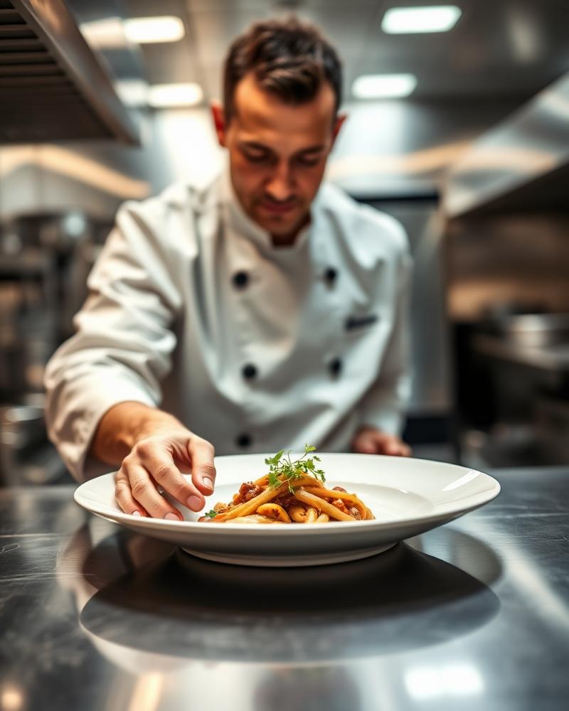 Chef plating in a professional kitchen